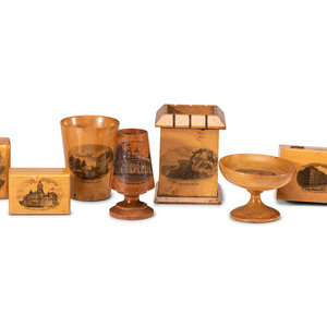 Appraisal: Seven Pieces of Mauchline Ware includes a Washington House cup