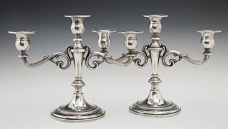 Appraisal: Pair of Weighted Sterling Three Light Candelabra th c by