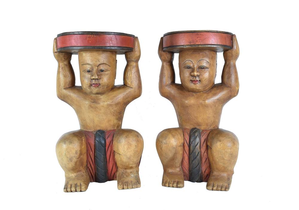 Appraisal: PAIR OF THAI PAINTED CARVED FIGURAL PEDESTAL STOOLSEach carved to