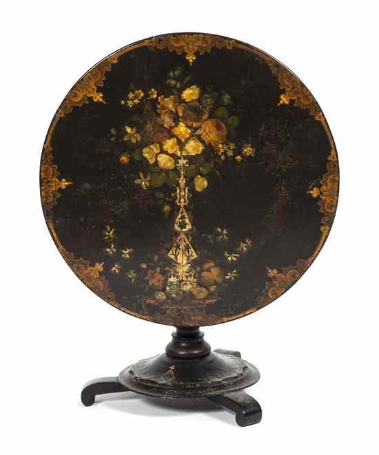 Appraisal: A Continental Japanned and Mother-of-Pearl Inlaid Tilt Top Low Table