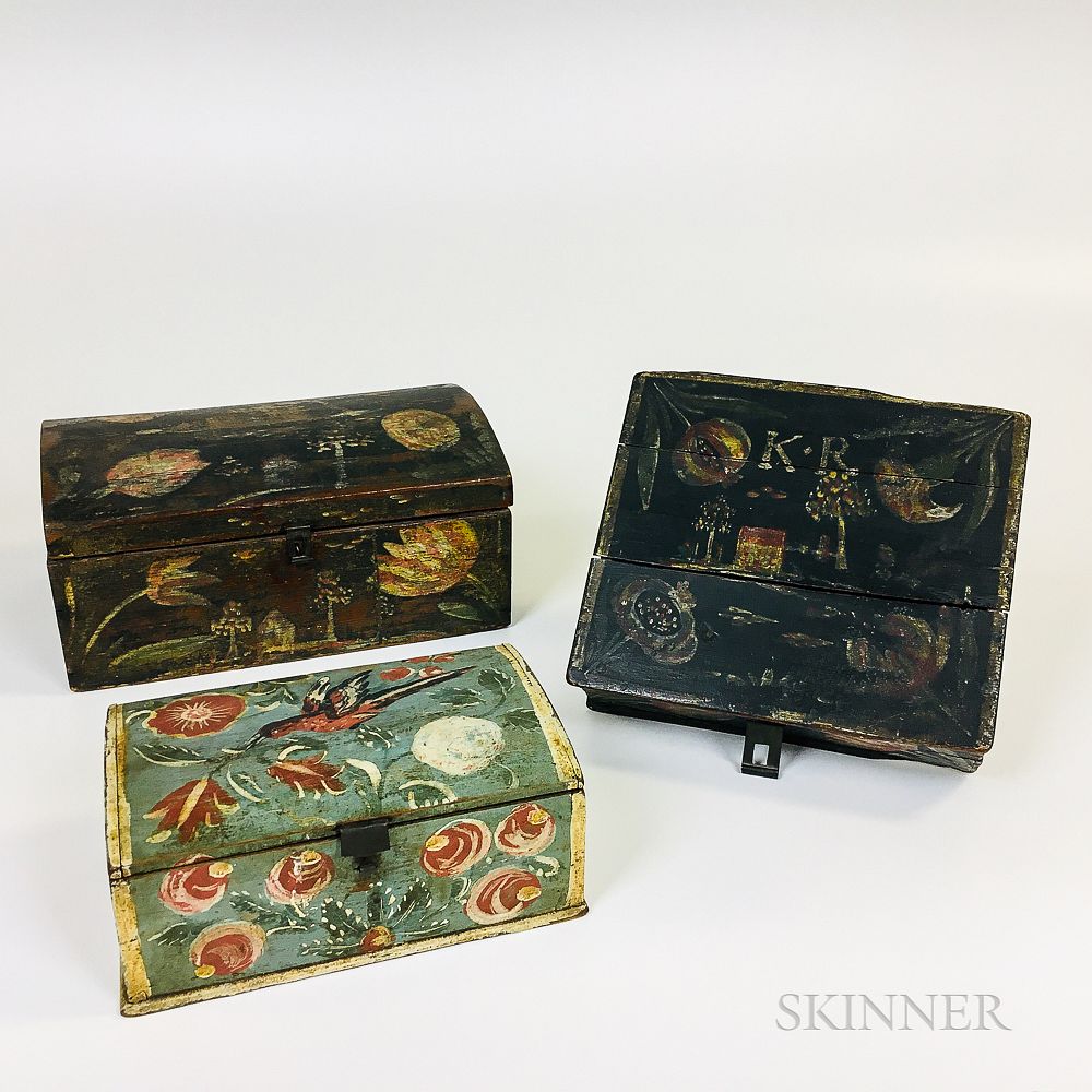 Appraisal: Three Pennsylvania Paint-decorated Pine and Poplar Boxes Three Pennsylvania Paint-decorated