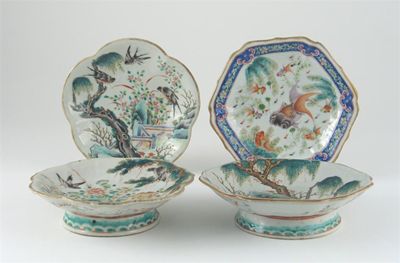 Appraisal: Four Chinese shaped shallow dishes on high feet decorated with