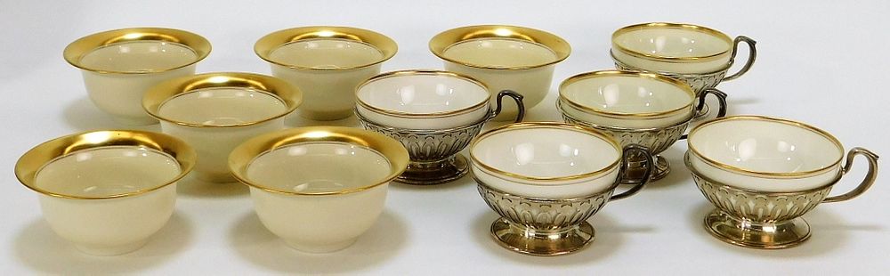 Appraisal: American Belleek Gilded Berry Bowls and Teacups America Early th