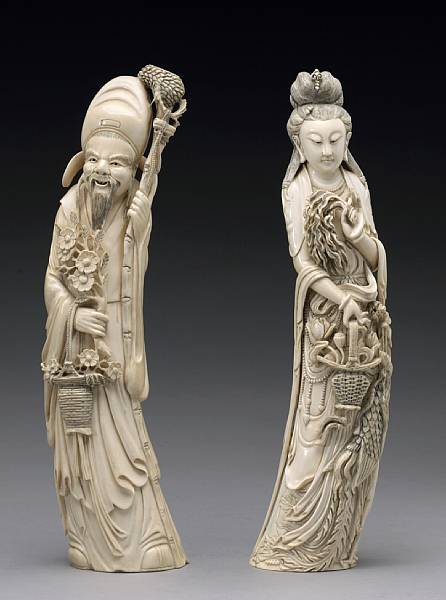 Appraisal: Two carved ivory figures Both with tinted incised details the