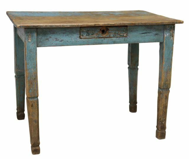 Appraisal: Rustic pine work table in a distressed painted finish two-board