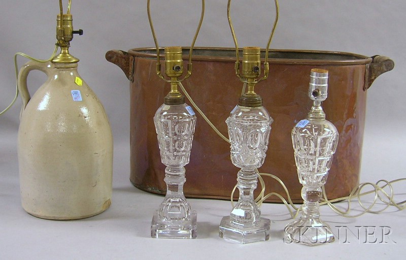 Appraisal: Three Sandwich and Sandwich-type Colorless Glass Fluid Lamps a Lewis