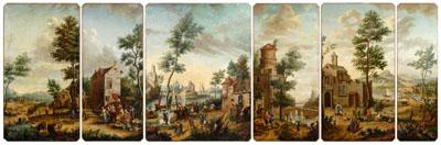 Appraisal: Six Flemish Old Master panels panoramic view of busy town