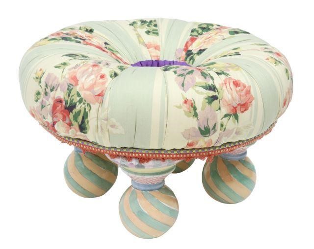 Appraisal: Mackenzie-Childs ottoman footstool c floral patterned upholstery rising on four