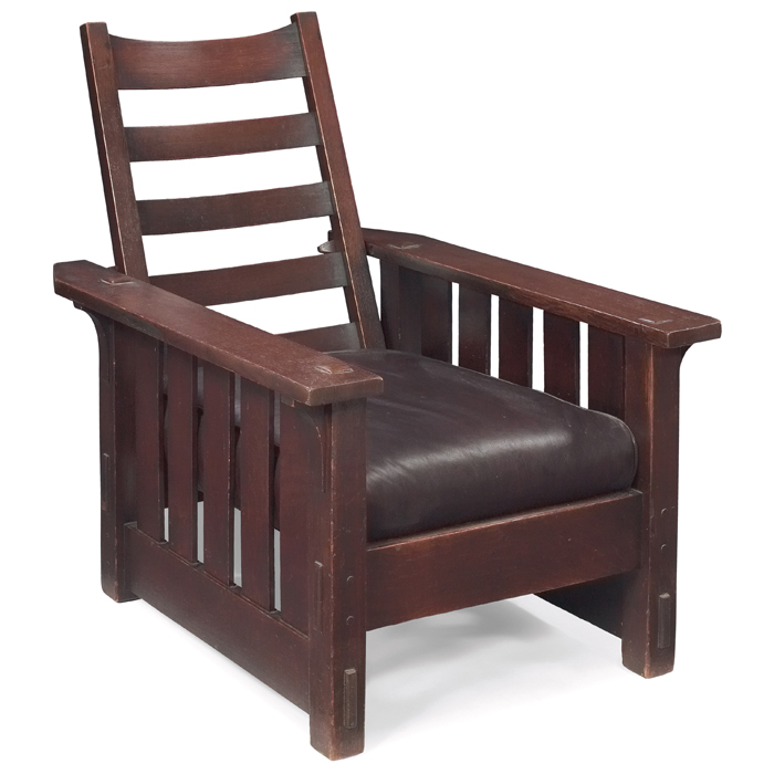 Appraisal: Gustav Stickley Morris chair flat-arm form with fivevertical slats supported