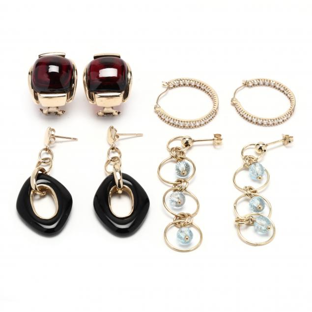 Appraisal: GROUP OF GOLD AND GEM-SET EARRINGS To include a pair