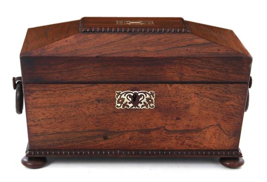 Appraisal: English nacre-inlaid rosewood tea caddy th century double compartments and