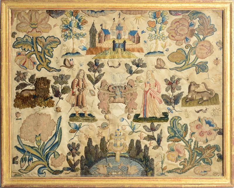 Appraisal: CHARLES II STUMPWORK AND EMBROIDERED PICTORIAL PANEL With garden view