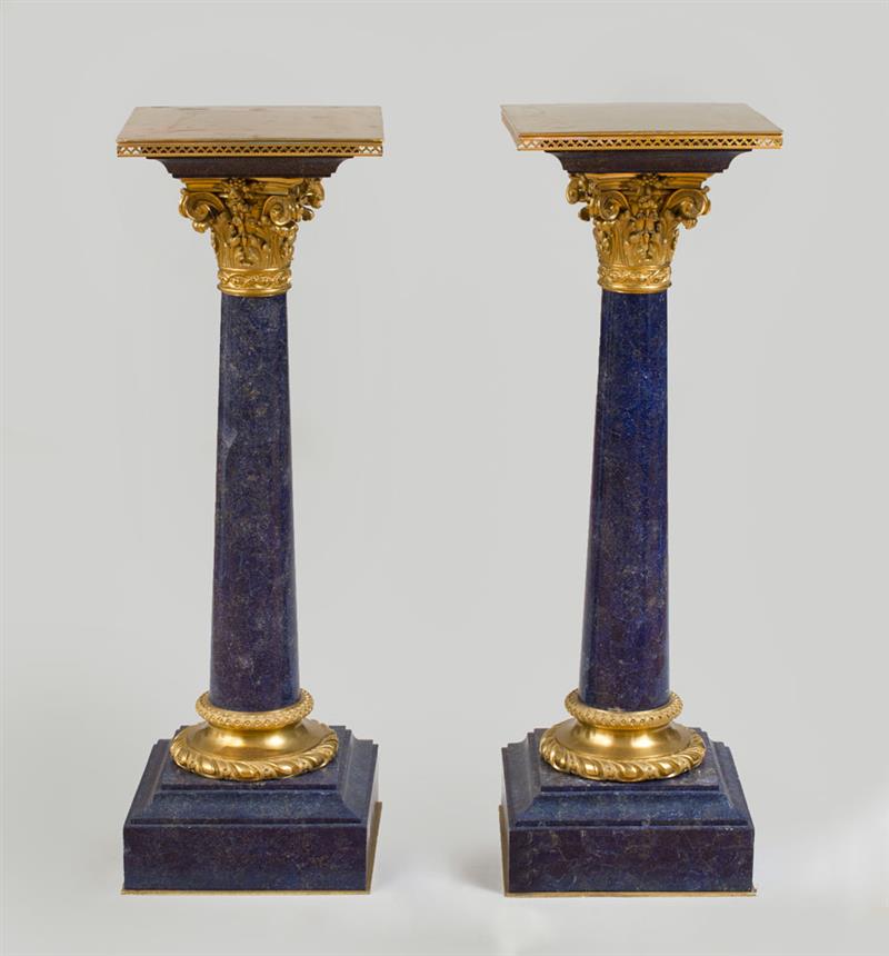 Appraisal: PAIR OF CONTINENTAL ORMOLU AND BRASS-MOUNTED LAPIS LAZULI PEDESTALS x