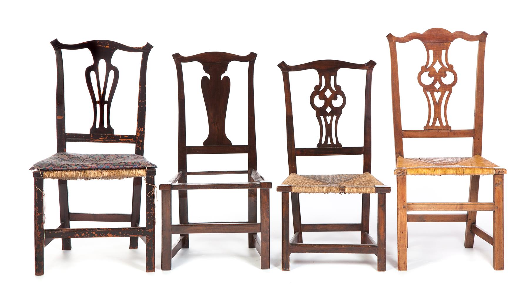 Appraisal: FOUR AMERICAN COUNTRY CHIPPENDALE SIDE CHAIRS Mid- th century mixed