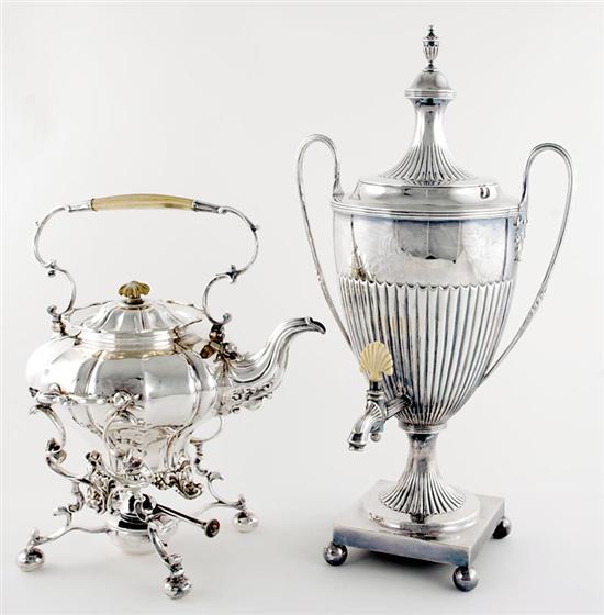 Appraisal: English silverplate hot water kettle and urn late th early