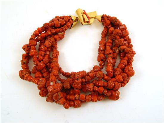 Appraisal: JEWELRY Red coral necklace with K gold clasp six strands