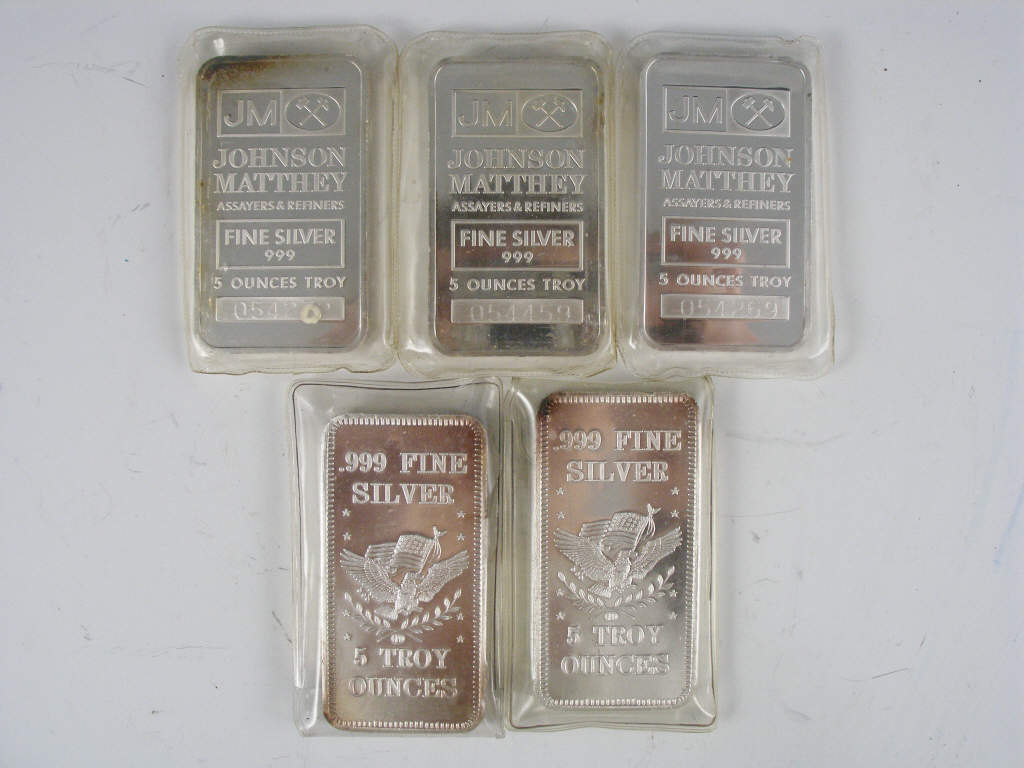 Appraisal: Five Troy Ounce Silver Bars three marked JOHNSON MATTHEY two