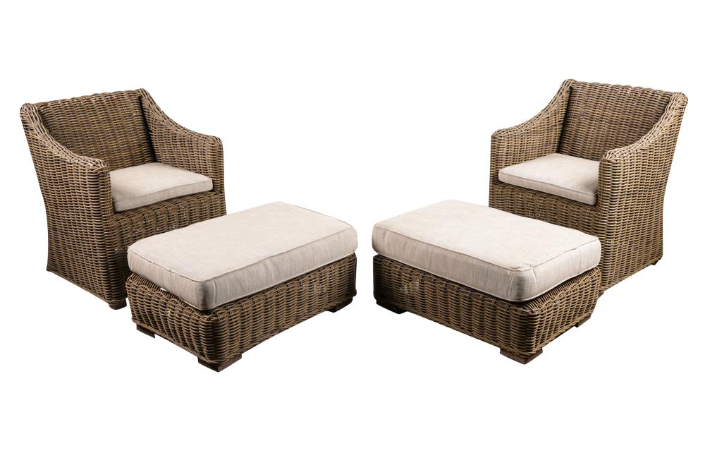 Appraisal: PAIR OF RESTORATION HARDWARE WICKER CLUB CHAIRS OTTOMANSwith beige upholstered