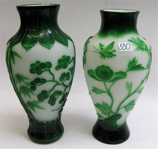 Appraisal: TWO CHINESE PEKING CAMEO GLASS VASES with raised green designs