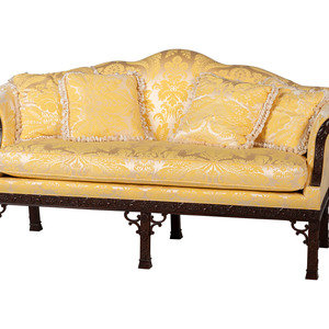 Appraisal: A Baker Chinese Chippendale Style Yellow Damask Upholstered Mahogany Settee