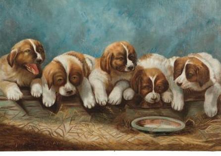 Appraisal: FIVE SAINT BERNARD PUPPIES WITH A MILK PAN Oil on