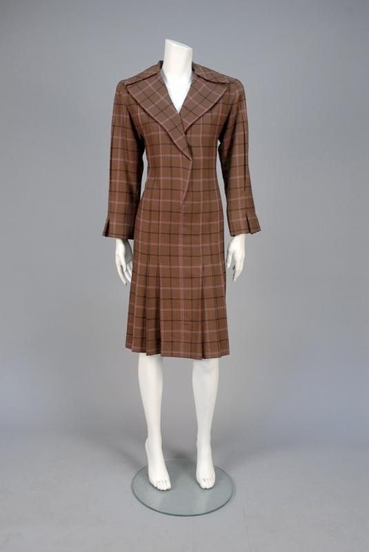 Appraisal: GALANOS WOOL PLAID DAY DRESS Brown wool with red and