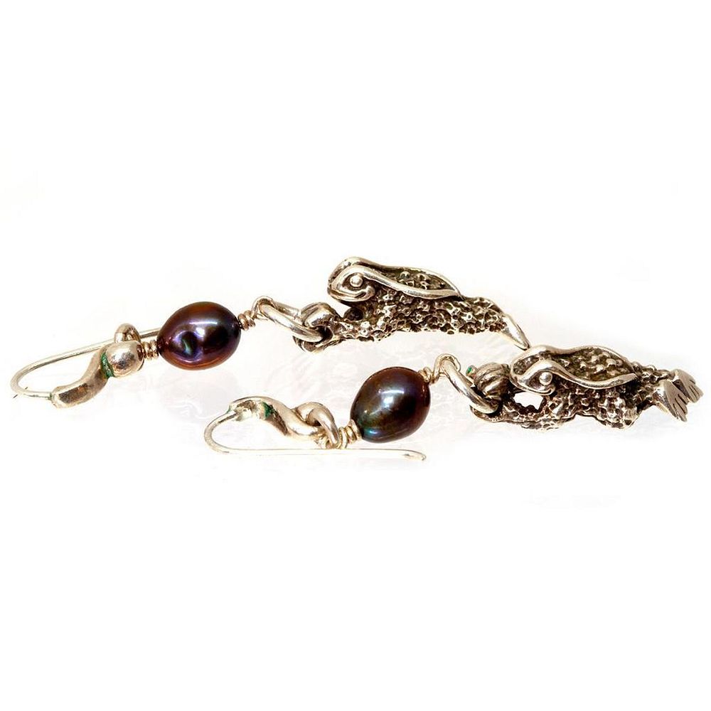 Appraisal: Kieselstein-Cord silver cultured pearl earrings frog motif with bronze color