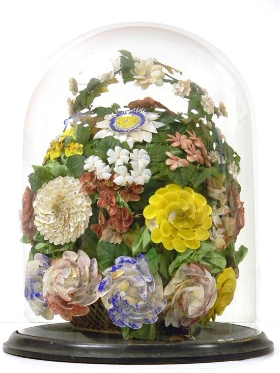 Appraisal: Domed shell work sailor art large floral display in basket