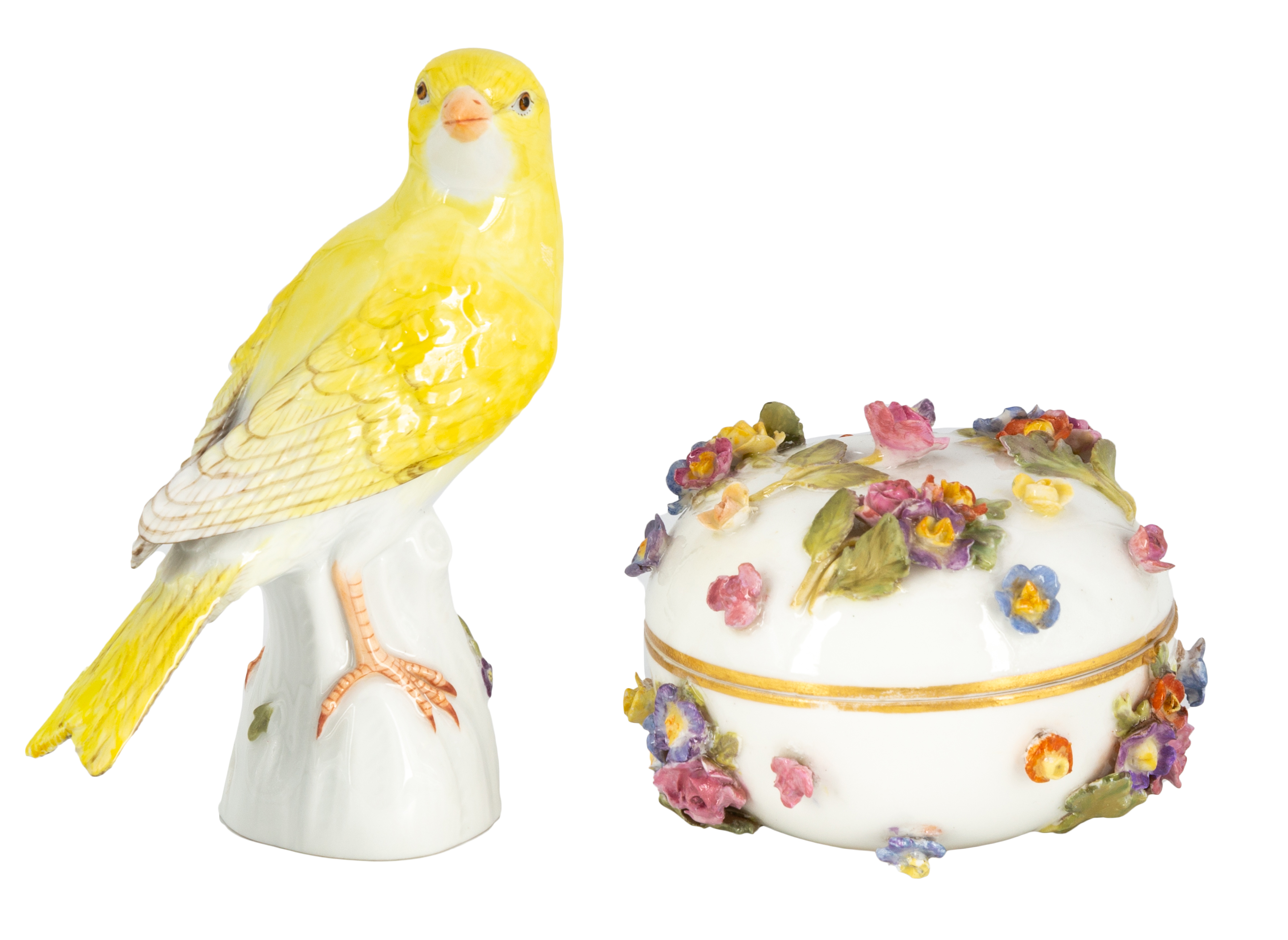 Appraisal: MEISSEN FIGURINE OF YELLOW CANARY A FLORAL DRESSER BOX th