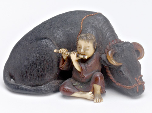 Appraisal: JAPANESE NETSUKE Bairyu Tokoku - well-carved wood ivory and horn