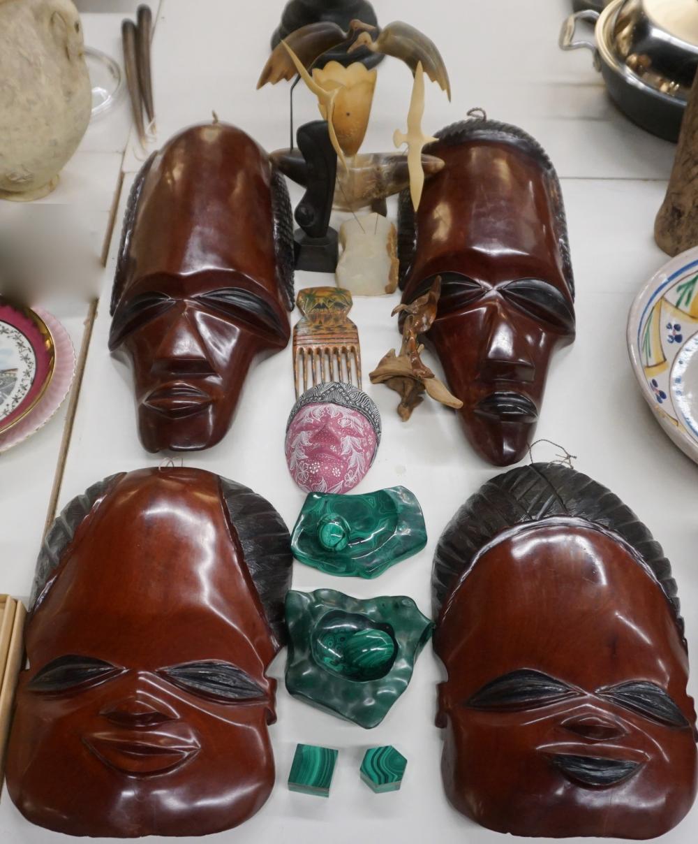 Appraisal: Collection of Wood Masks Malachite and Figural Groups