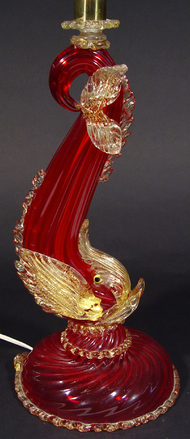 Appraisal: Large Murano red glass table lamp modelled as a dolphin