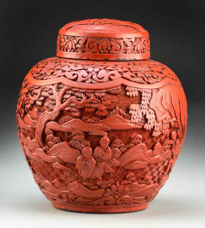 Appraisal: Chinese Qing Carved Cinnabar Covered JarFinely carved to depict figures