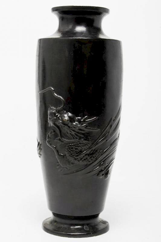 Appraisal: Japanese Blackened Metal Dragon Vase Japanese vintage blackened metal vase