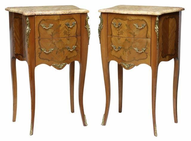 Appraisal: pair French Louis XV style marble-top nightstands th c having