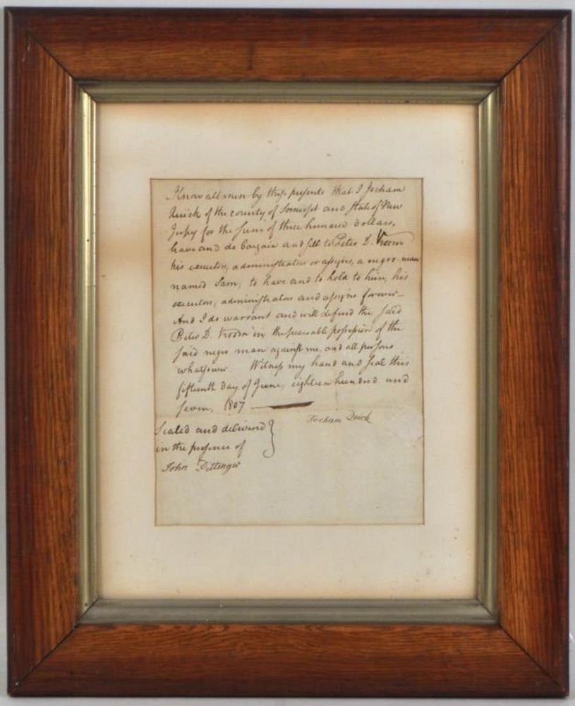 Appraisal: Framed th Century Slave Document dated for the sale of