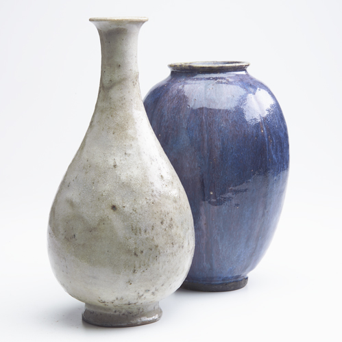 Appraisal: LEON VOLKMAR Two vases one melon-shaped with a purple flambe