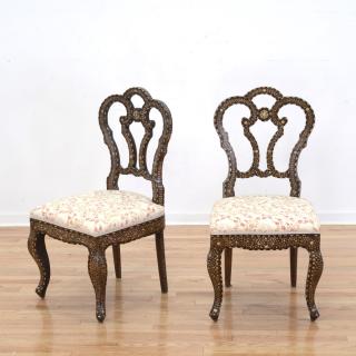 Appraisal: Pair Anglo-Indian bone inlaid side chairs th c floral upholstered