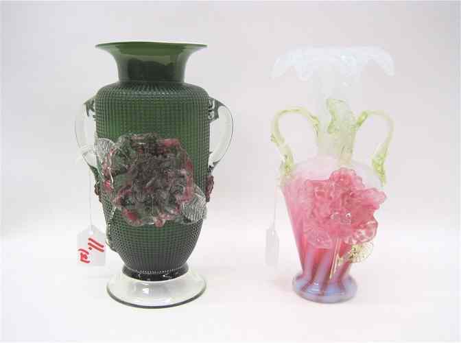 Appraisal: TWO AMERICAN VICTORIAN VASES mouth blown with applied flowers the