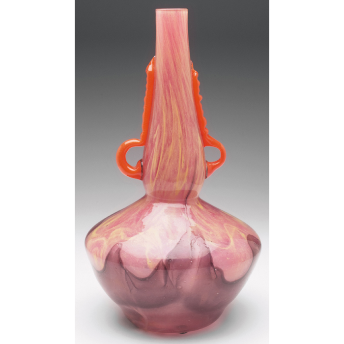 Appraisal: Schneider vase double gourd shapewith two orange handles pink glasswith