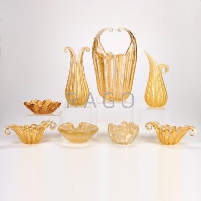 Appraisal: MURANO Eight glass pieces with gold- leaf decoration five biomorphic