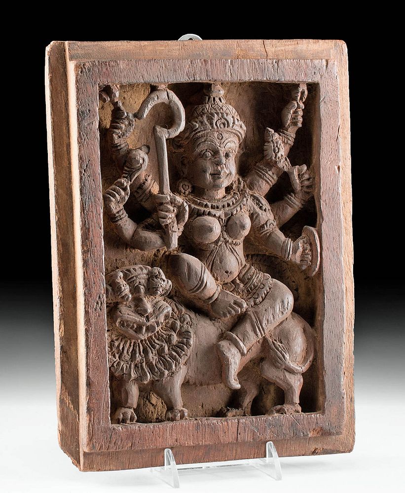 Appraisal: th C Indian Wood Panel Goddess Durga w Lion Originally