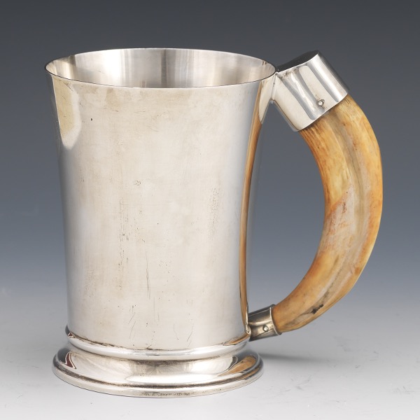 Appraisal: ENGLISH ART DECO STERLING SILVER AND HORN TANKARD BY HUKING