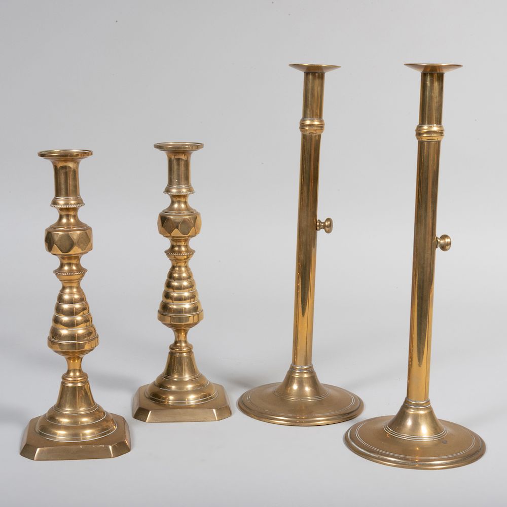 Appraisal: Pair of English Brass Candlesticks and a Pair of Continental