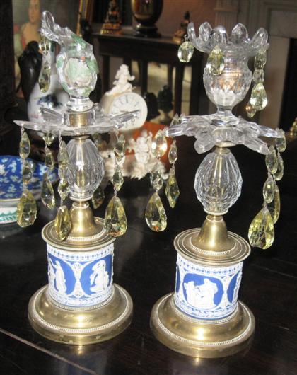 Appraisal: Pair of George III cut glass and blue jasperware candlestickslate