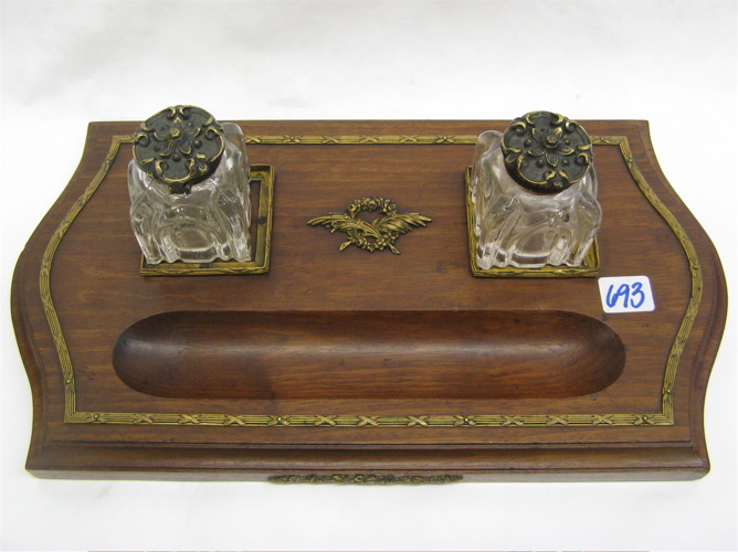 Appraisal: FRENCH DOUBLE INKSTAND having ornate gilt metal lids on clear