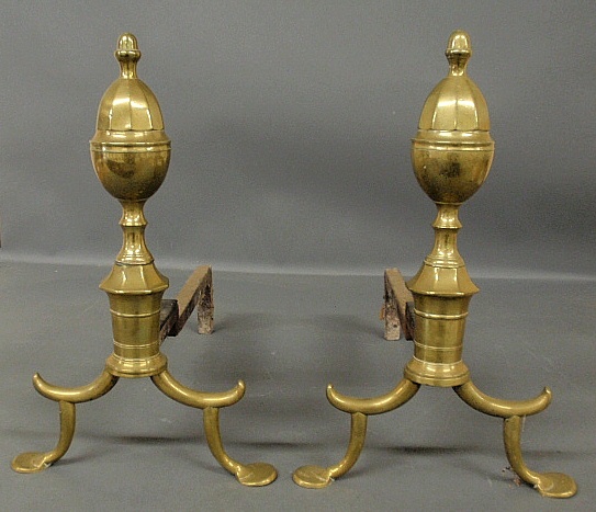 Appraisal: - Pair of brass andirons c with acorn finials faceted