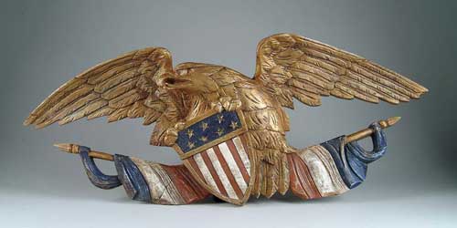 Appraisal: CARVED WOOD AND PAINTED EAGLE PLAQUE The gold spread wing