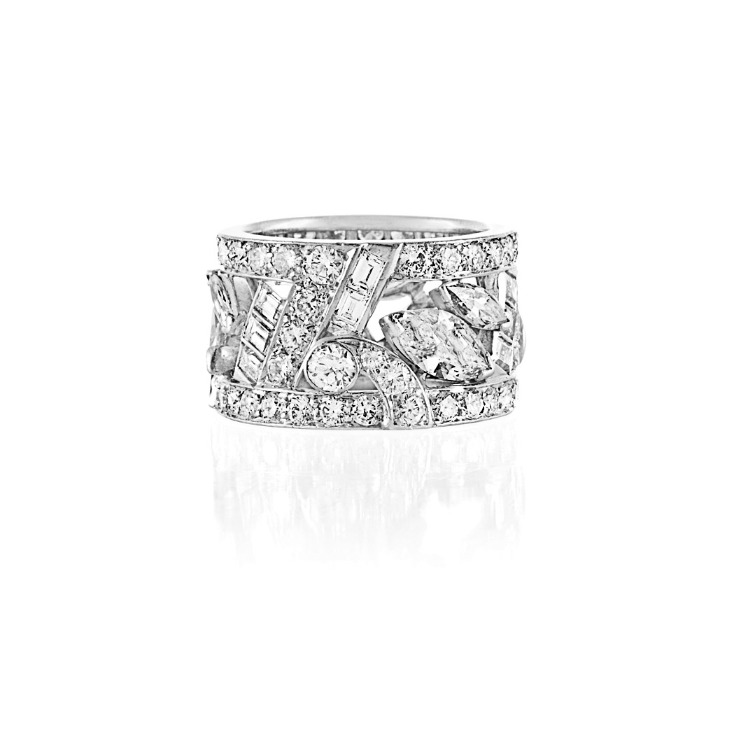 Appraisal: Wide Art Deco Platinum and Diamond Band Ring The openwork