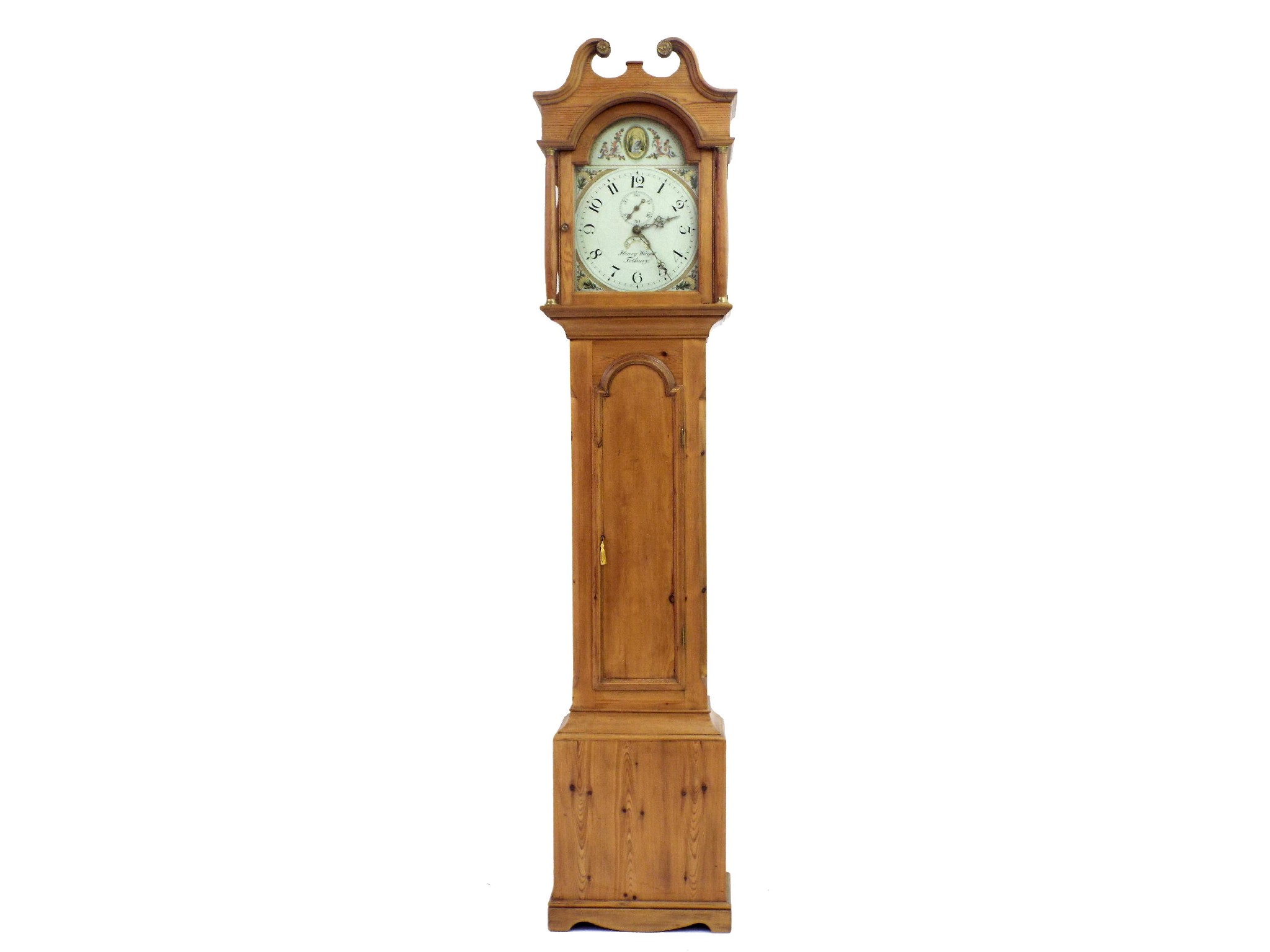 Appraisal: Pine thirty hour longcase clock the painted arched dial signed